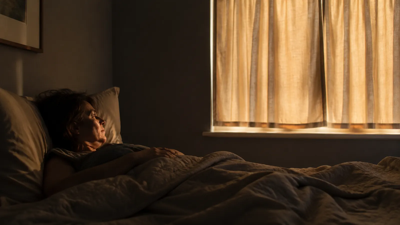 Sunlit bedroom window in early morning with curtains drawn shut, no light leaking through the edges