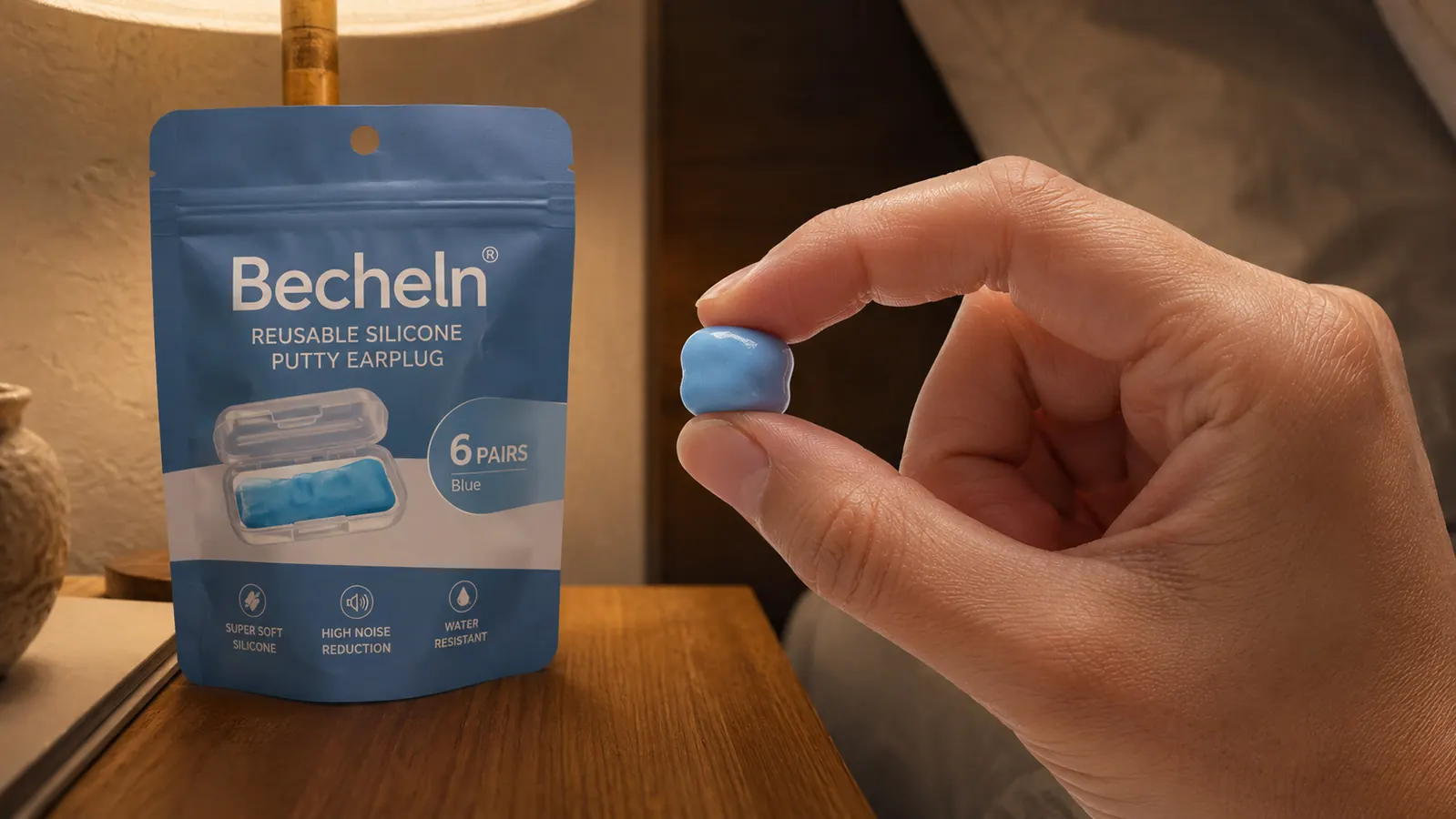 Close-up of a hand rolling a soft silicone earplug into a small ball before bed