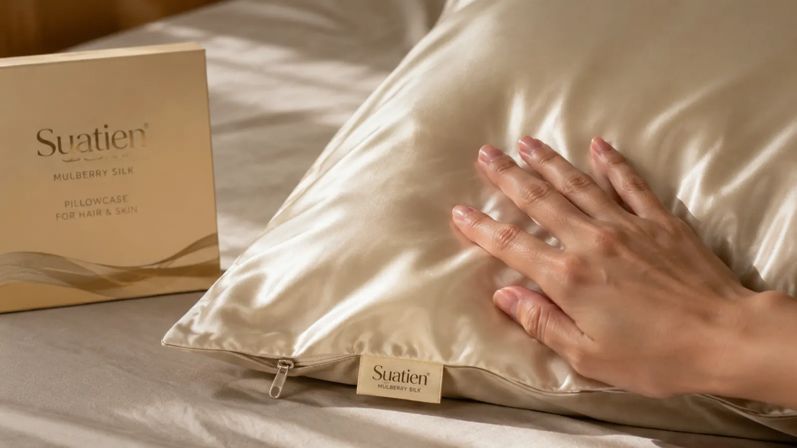 Close-up hand smoothing a champagne silk pillowcase showing its glossy texture and hidden zipper edge