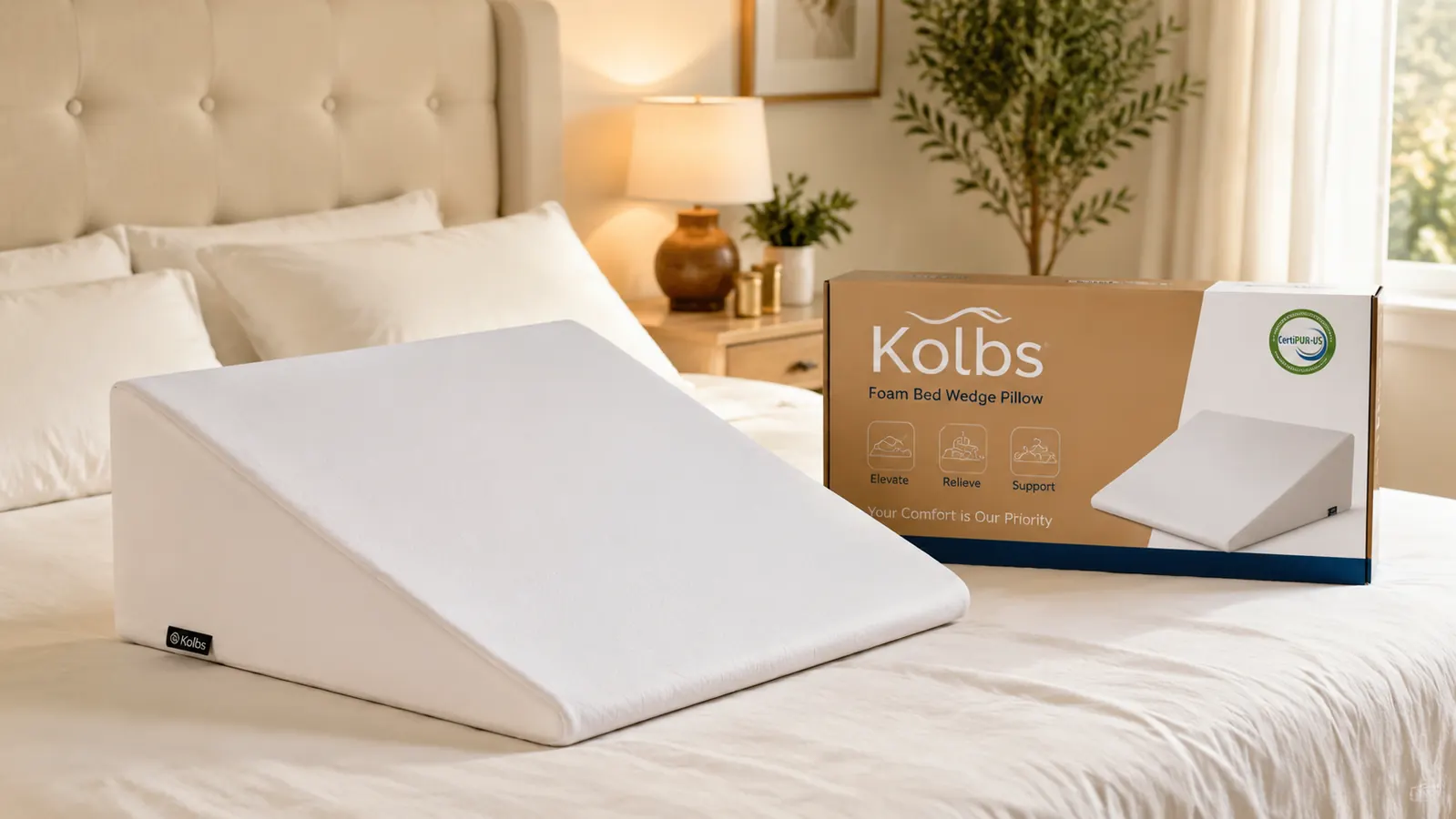 Kolbs Bed Wedge Pillow set up on a bed with fitted sheet stretched over the incline
