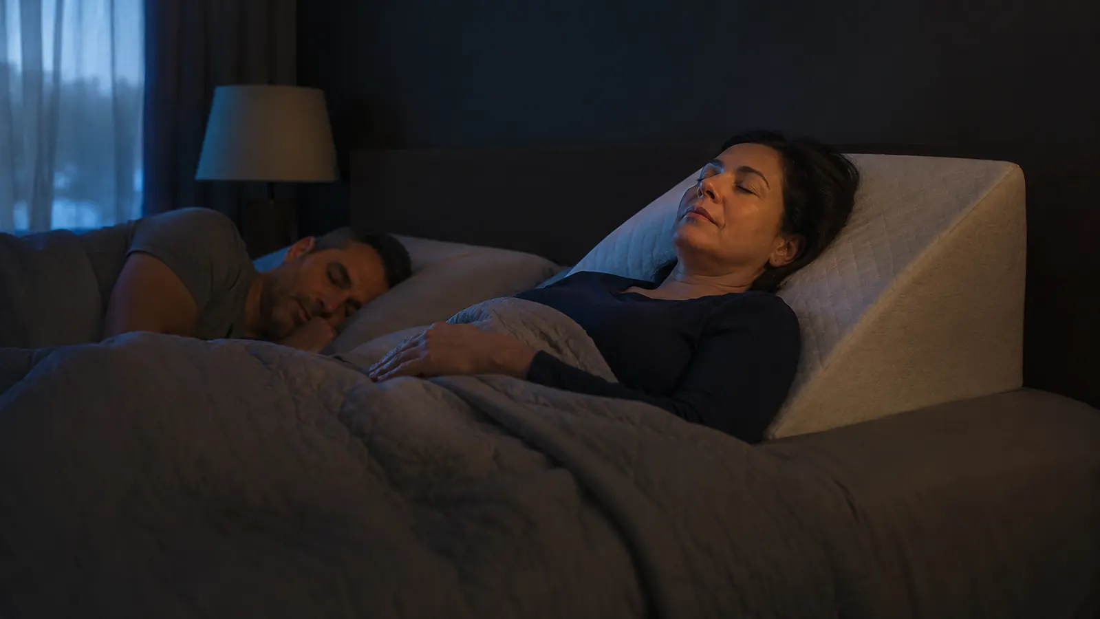 Couple asleep in bed at night, one person elevated on a wedge pillow, bedroom dark and quiet