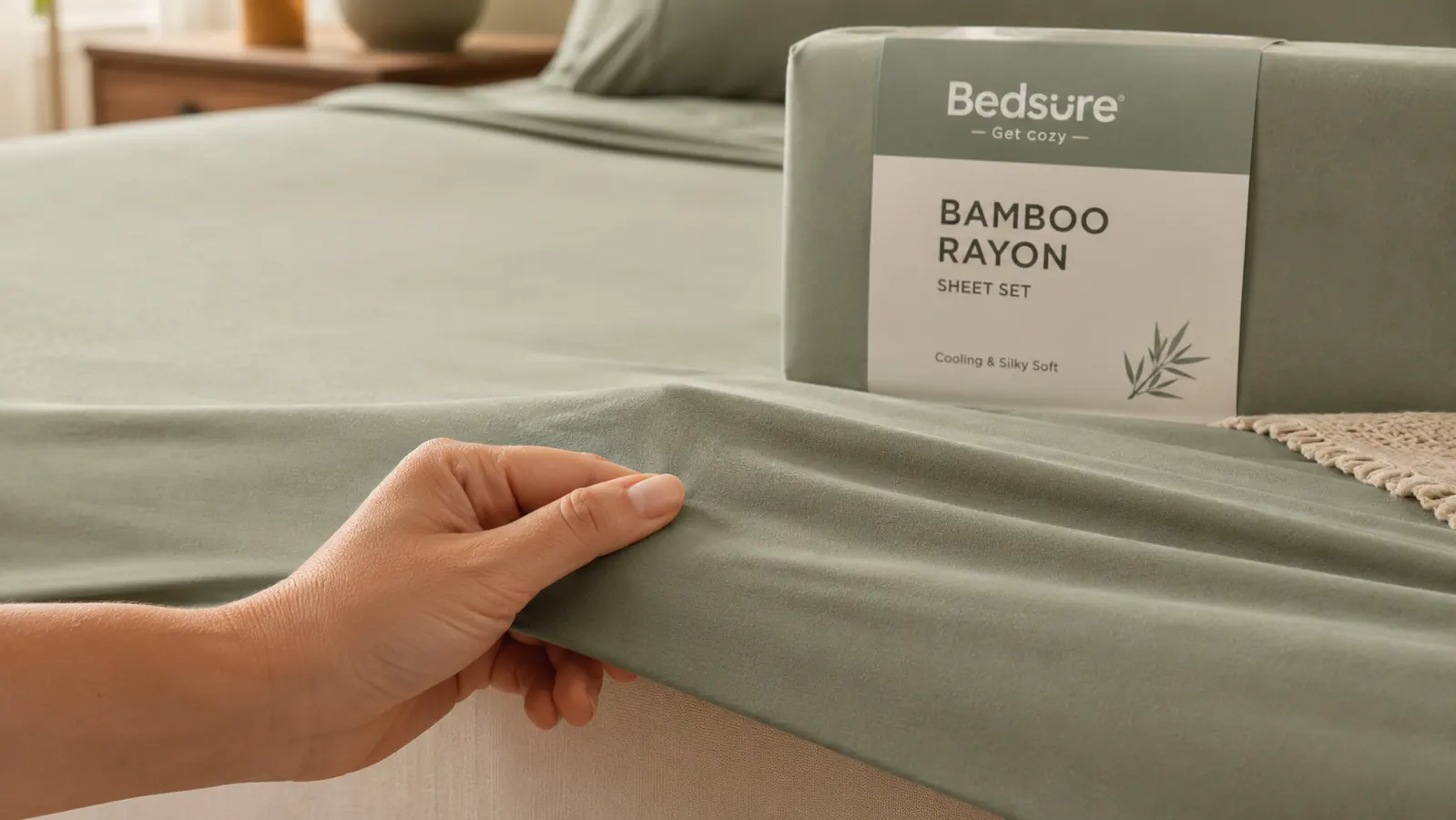 Close-up of a hand pinching the bamboo sheet fabric to show texture and a faint wrinkle line