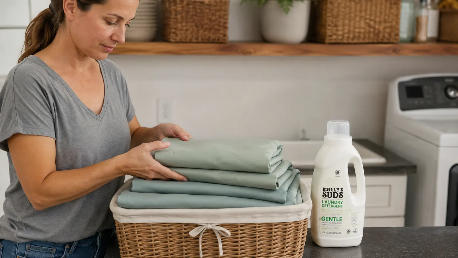 Laundry basket with folded bamboo sheets next to a bottle of mild detergent