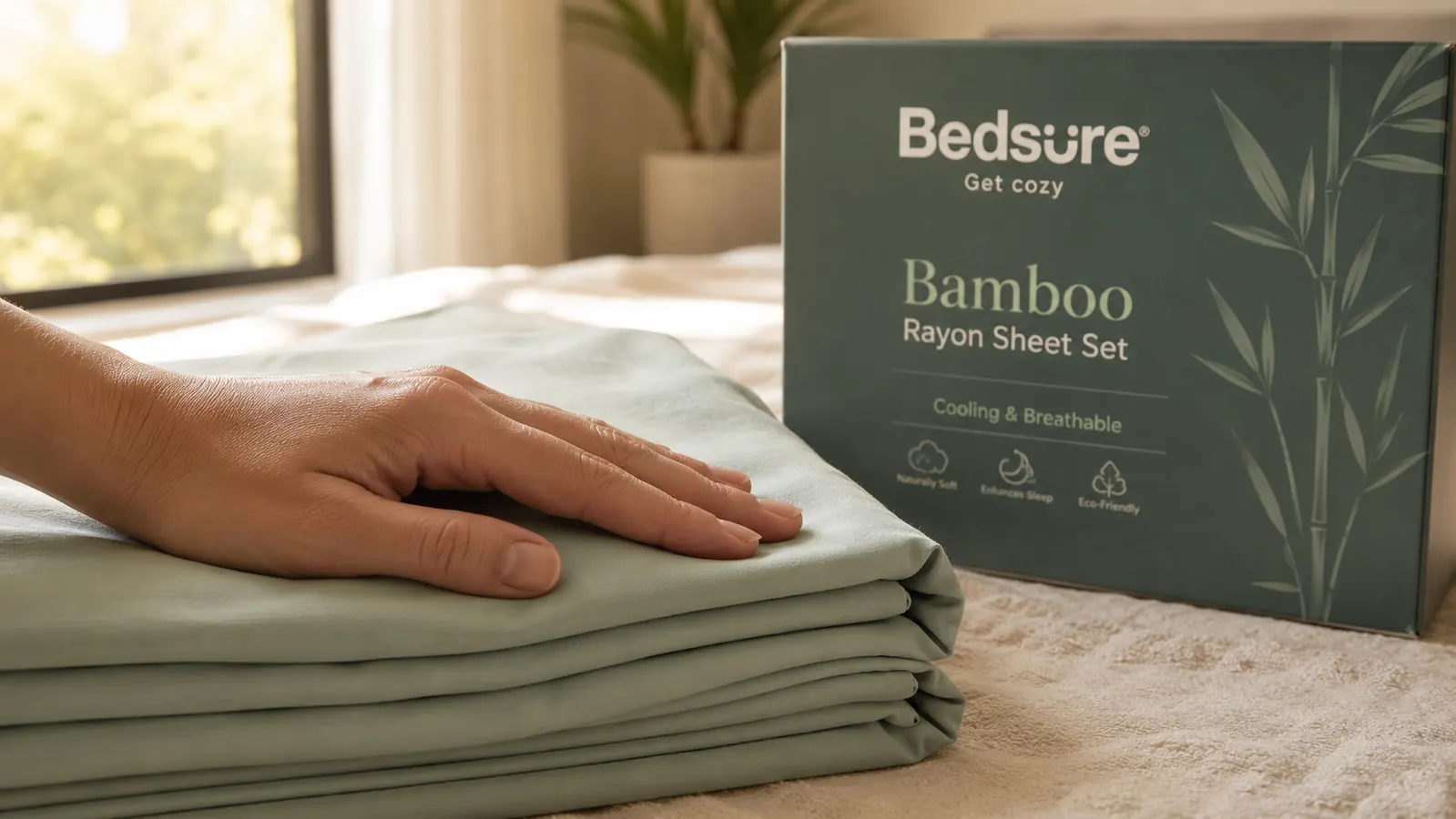 Close-up of hand pressing into folded bamboo sheet fabric showing the silky weave texture