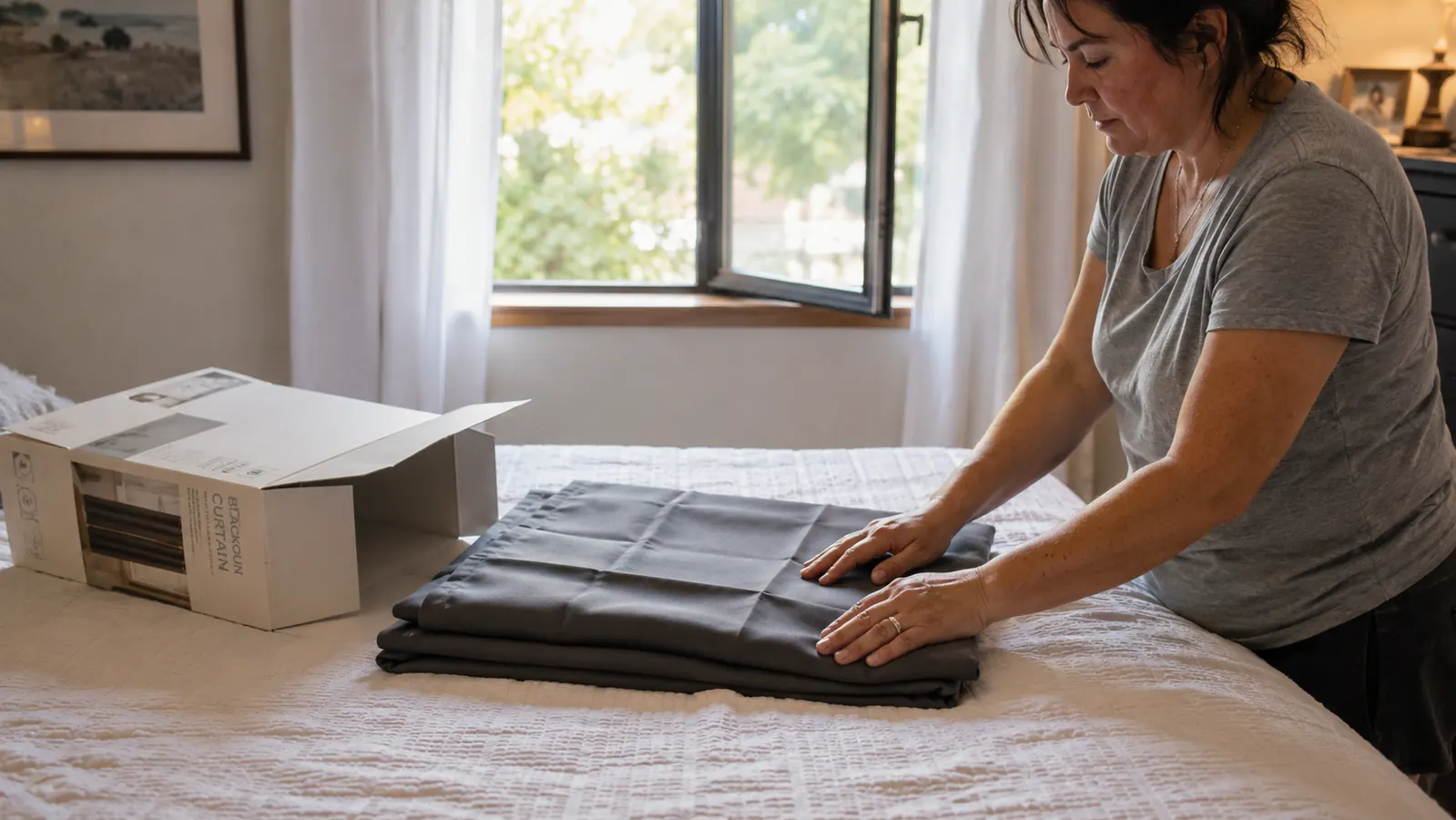 Folded blackout curtain panel freshly unpackaged on a bed, still creased from shipping, next to an open window for airing out