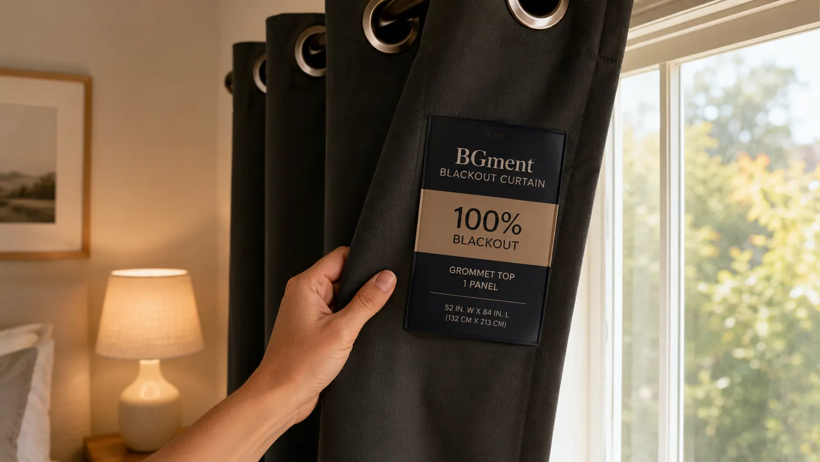 Hand pulling BGment blackout curtain panel closed over a window using the grommet top