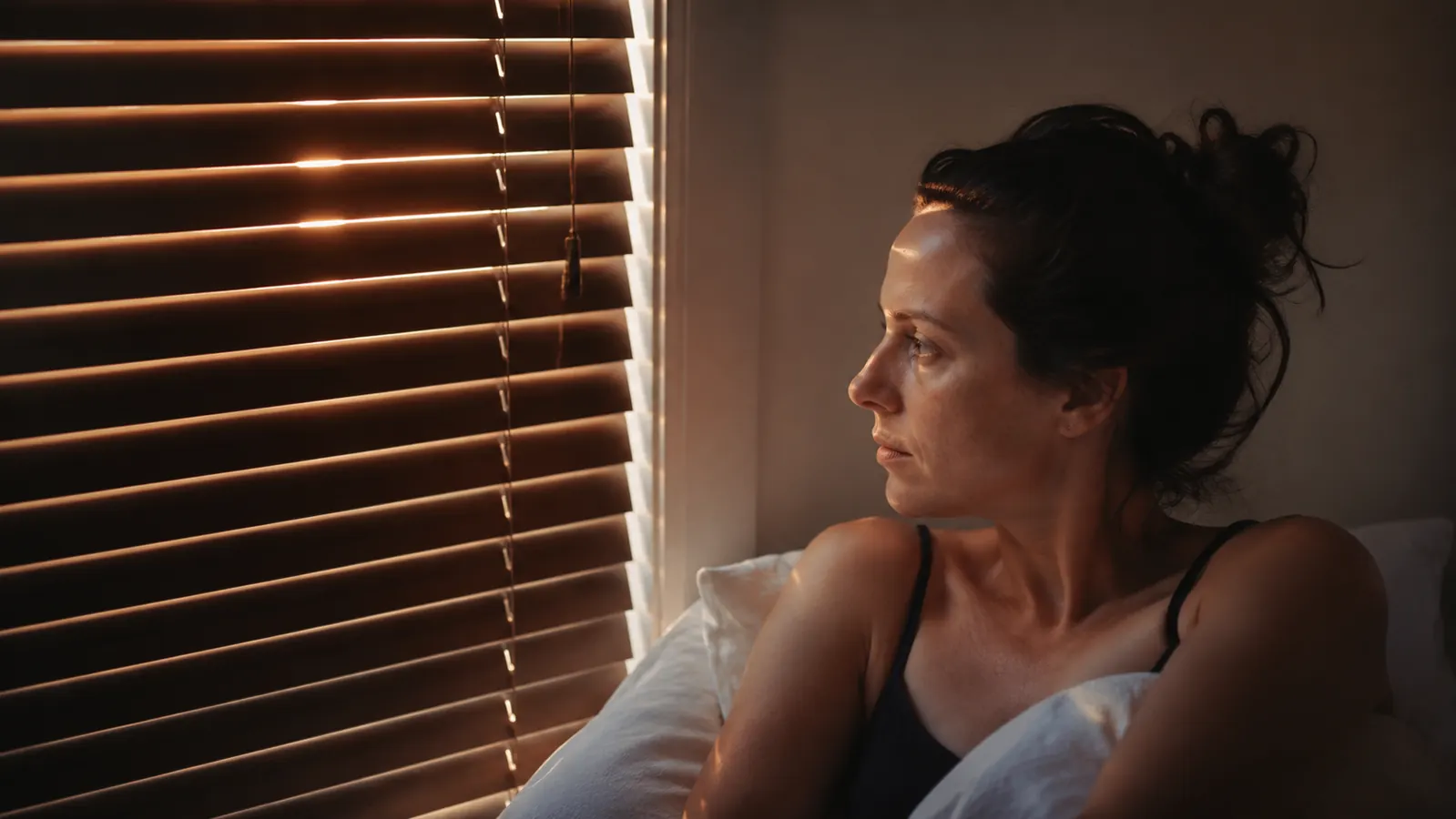 Close-up of light leaking through the slats and side gaps of closed faux-wood blinds at dawn