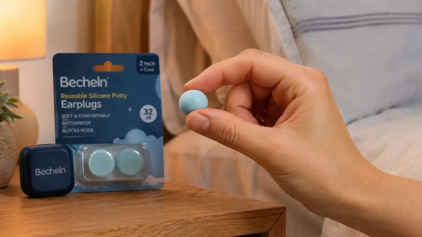 Hand rolling a soft silicone earplug into a small ball before inserting it into the ear canal