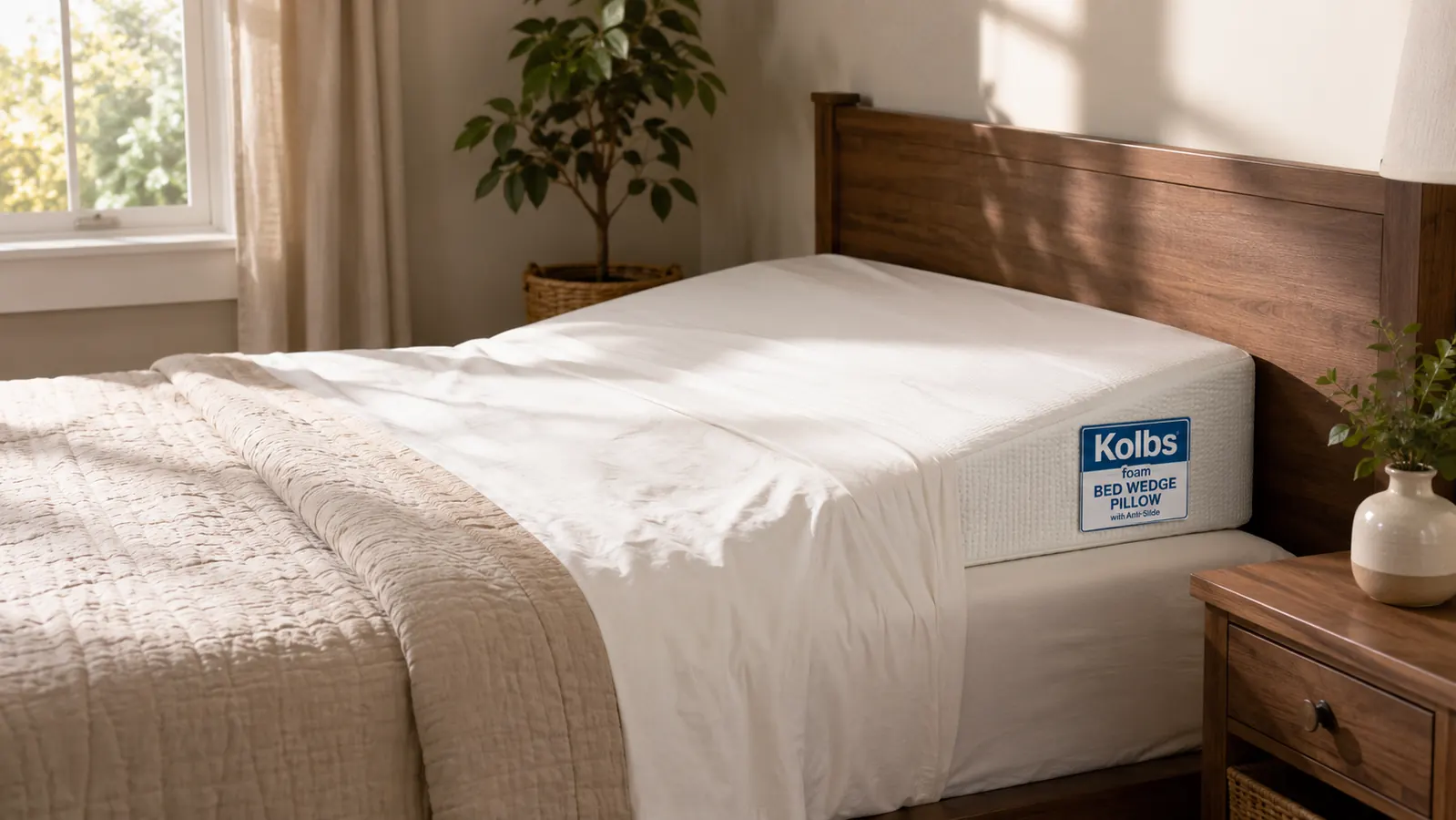 Wedge pillow positioned under a fitted sheet at the head of a made bed