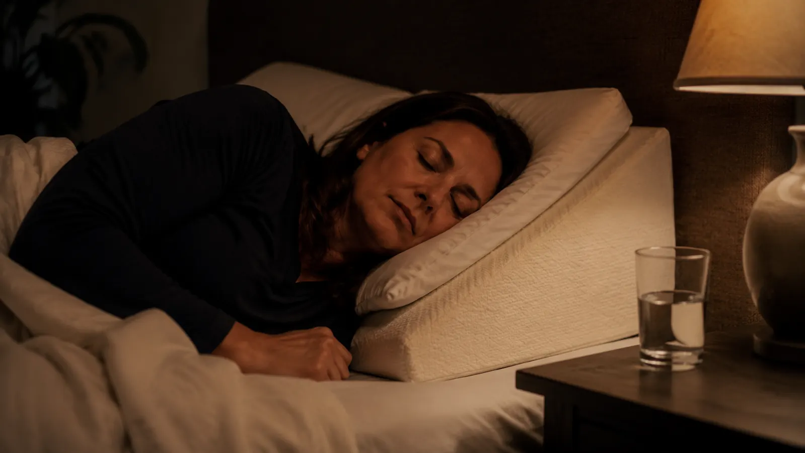 Person on their left side in bed with a wedge pillow, nightstand with water glass nearby
