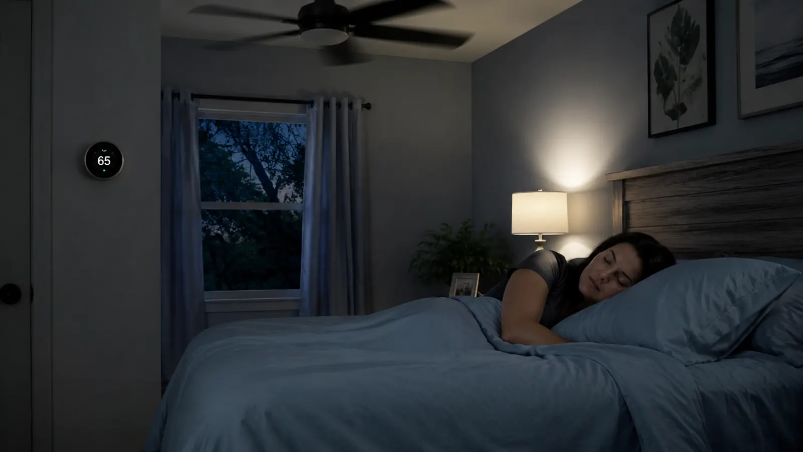 Bedroom set up for cool sleep with a fan, lowered thermostat display, and bamboo sheets visible on the bed