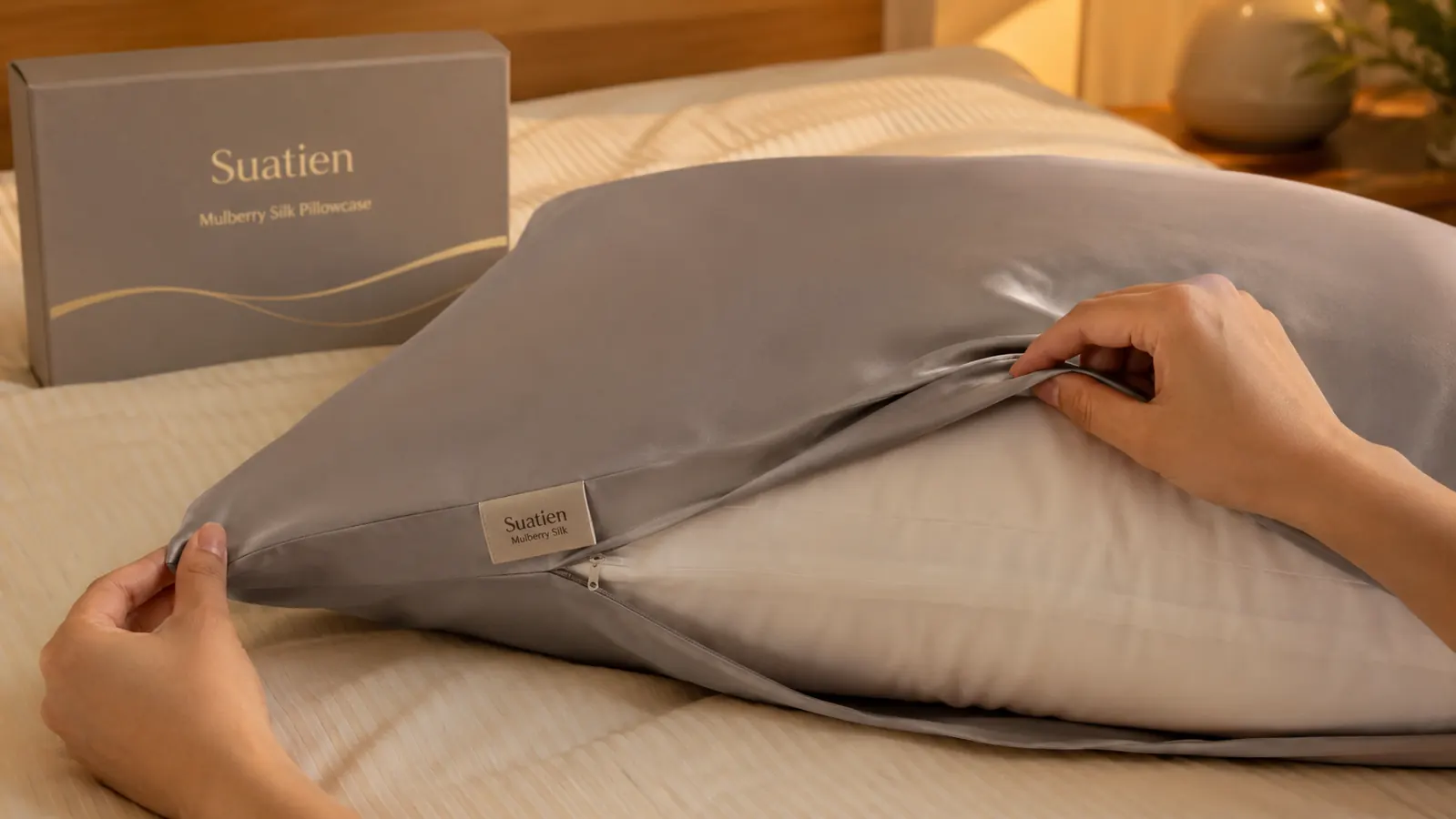Close-up of hands smoothing a mulberry silk pillowcase onto a pillow, showing the hidden zipper closure