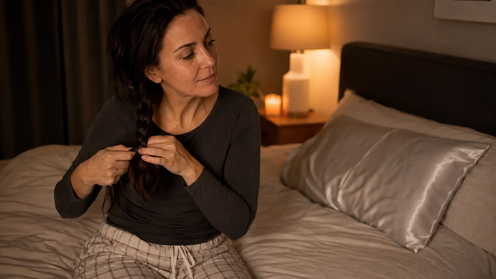 Woman loosely braiding her hair before bed next to a silk pillowcase on a made bed