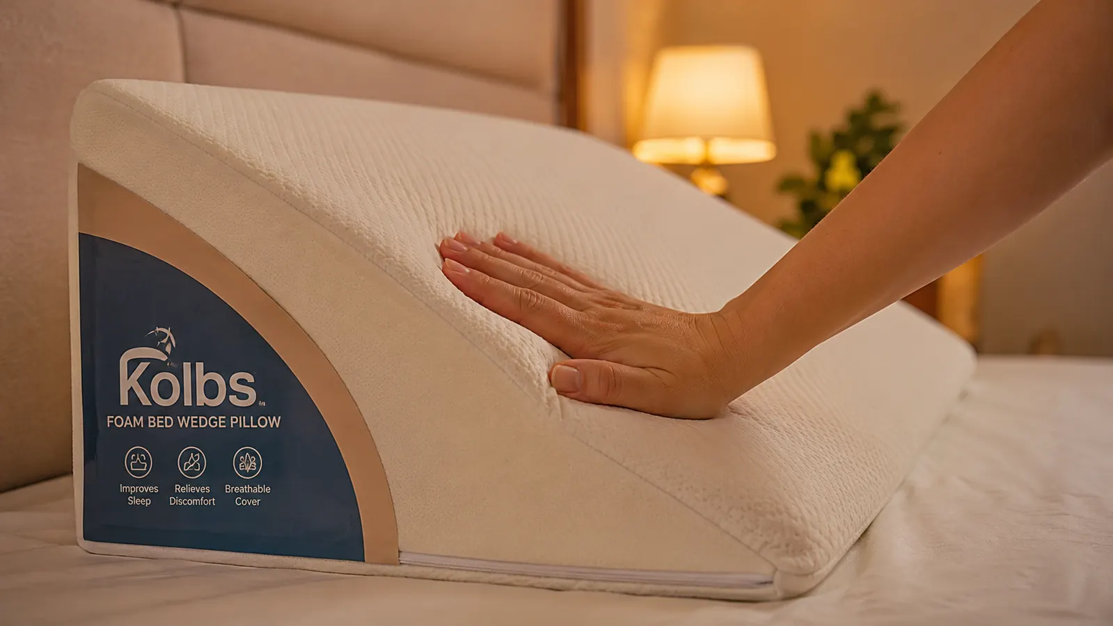 Close-up of a hand pressing into the firm foam of a wedge pillow to show its incline angle