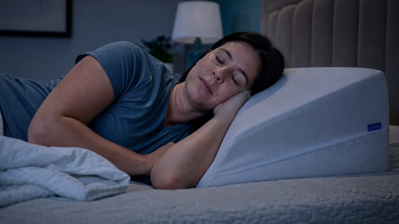 Person sleeping on their side propped comfortably on a wedge pillow in a dim, calm bedroom