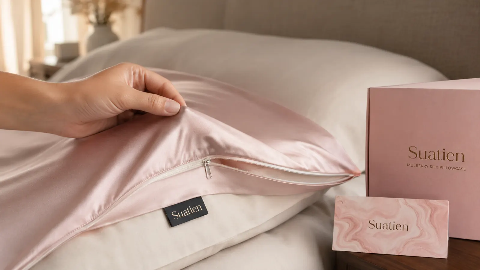 Close-up of a mulberry silk pillowcase with hidden zipper on a queen pillow