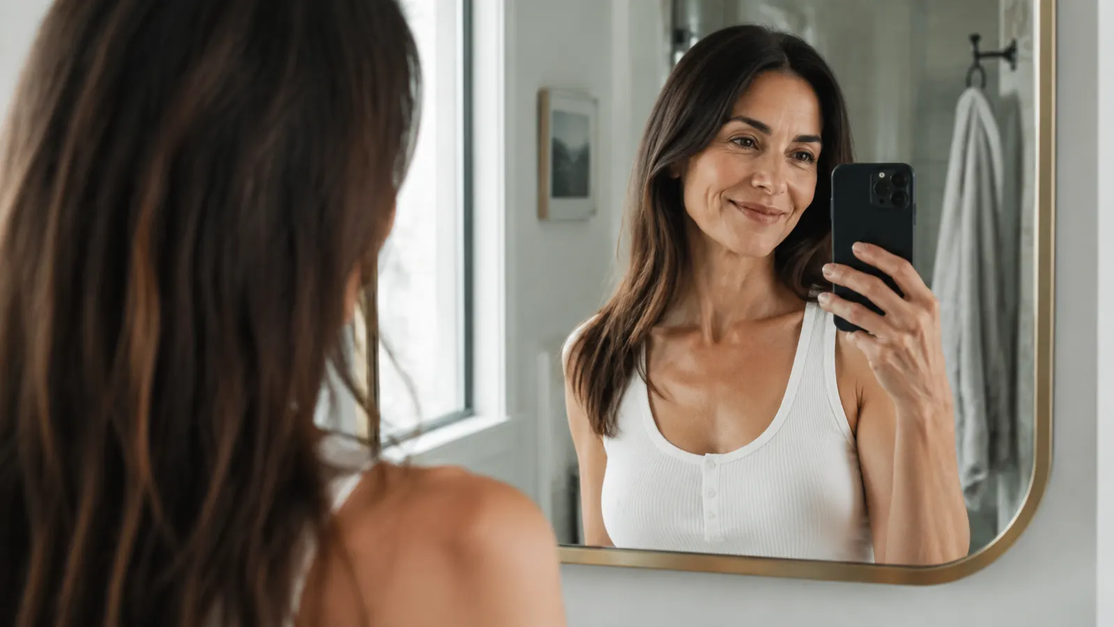 Bathroom mirror selfie showing smooth hair and clear skin in the morning