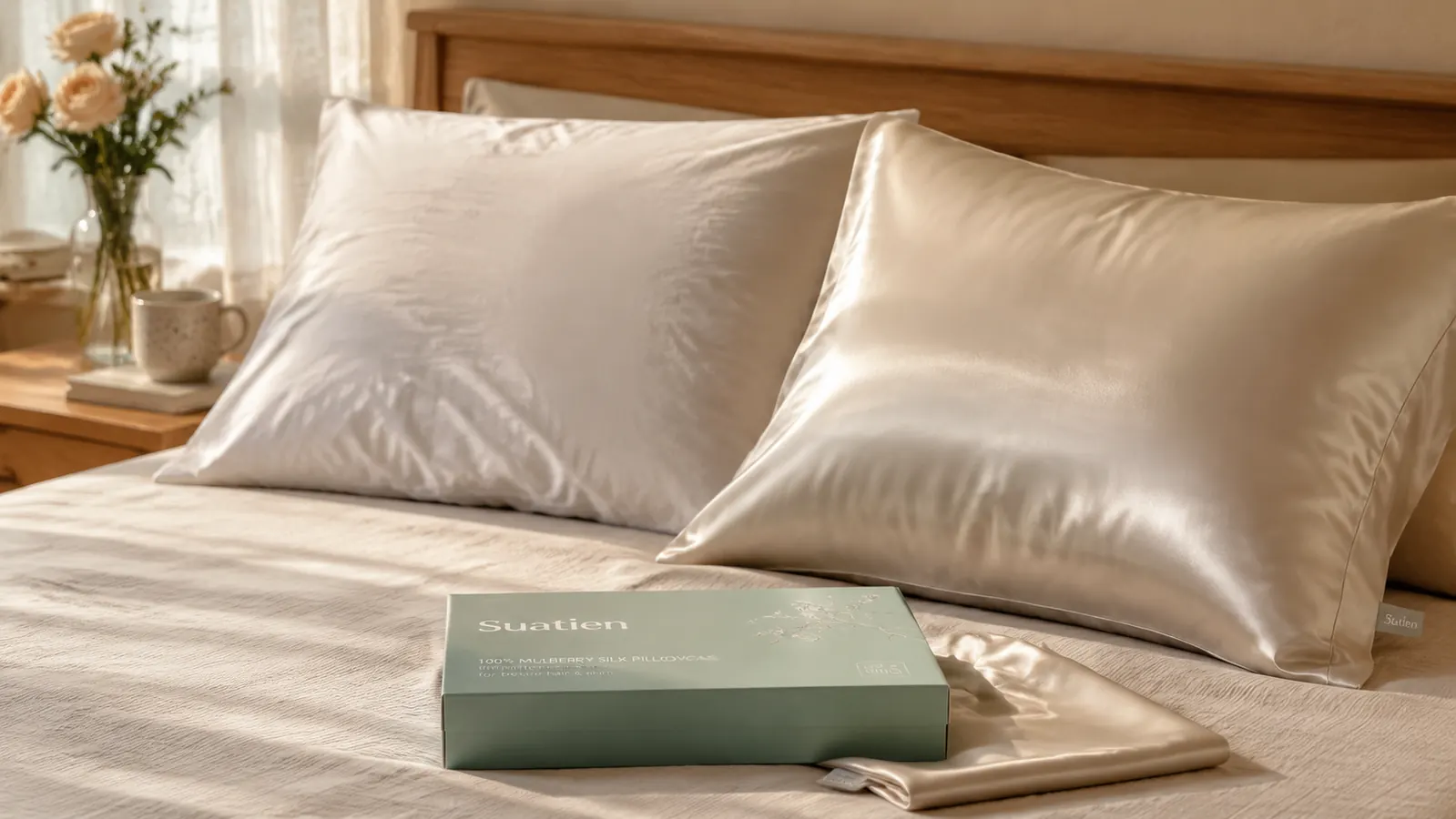 Two pillows side by side, one in cotton one in silk, showing the texture difference