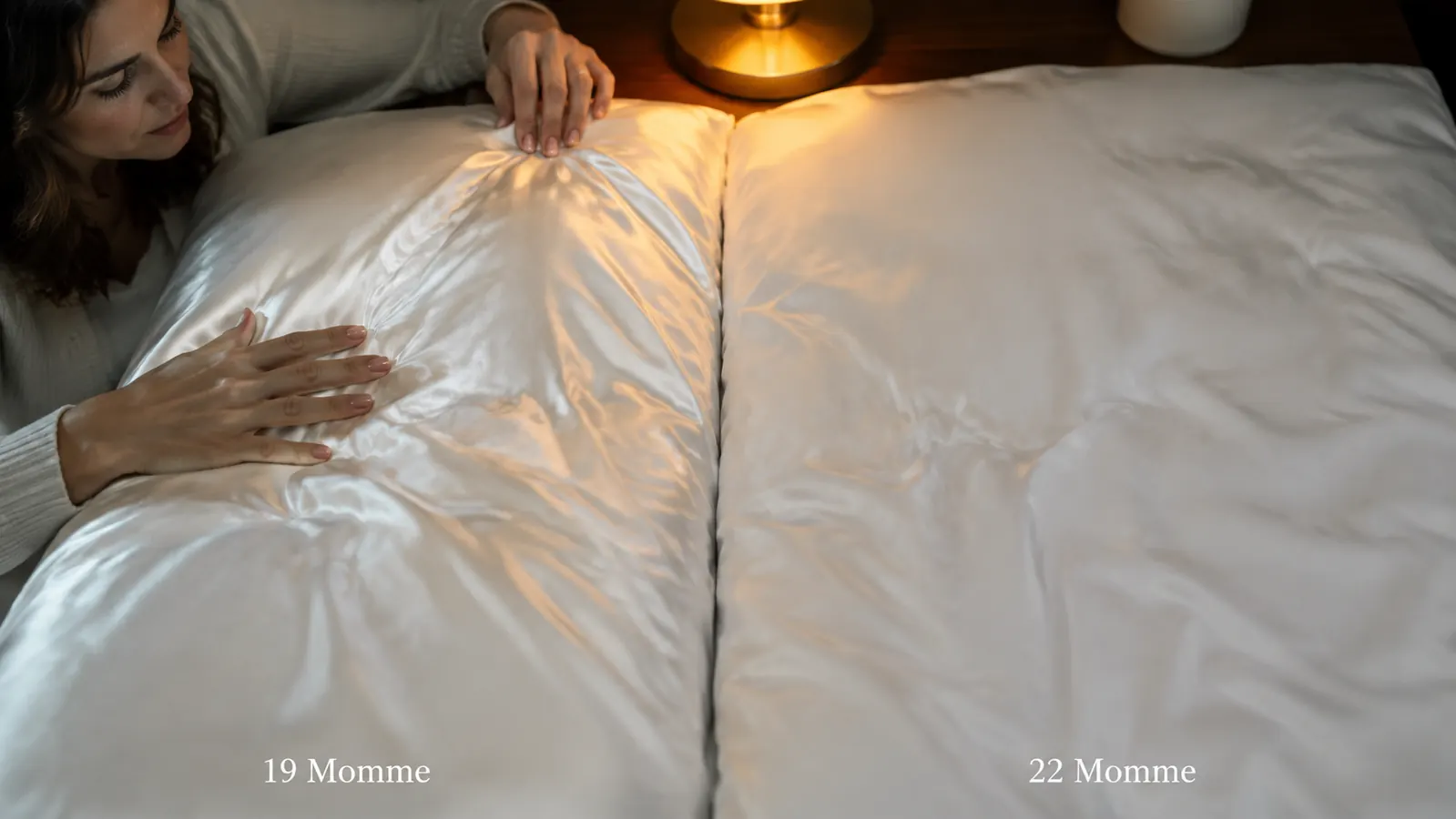 Two silk pillowcases of different weights laid side by side under a lamp, showing a visible sheen difference