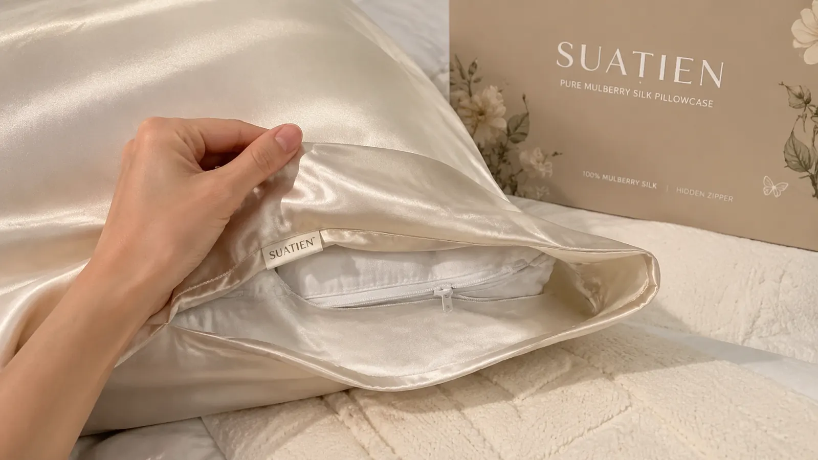 Hand smoothing a silk pillowcase onto a pillow, showing the hidden zipper closure